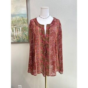 Boho‎ Floral Paisley Chiffon Metallic Tie Front Blouse